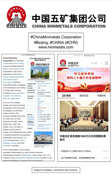 Wikipedia article and company website information for China Minmetals Corporation (Beijing, China).
