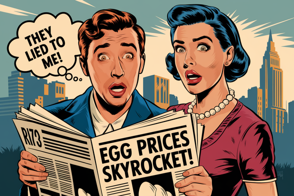 Cartoon: couple reading newspaper, shocked.  Headline reads "Egg prices skyrocket!"  Though bubble from man:  They lied to me!