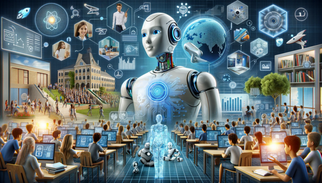 Someone's futuristic idea of an AI classroom, humans in rows of desks behind screens, and oversized giant robot peers blankly off screen, its face almost juvenile with large eyes, in the air oare diagrams and circles of people, technology. On the ground is a translucent standing robot and two more robots site with legs half folded on the floor.