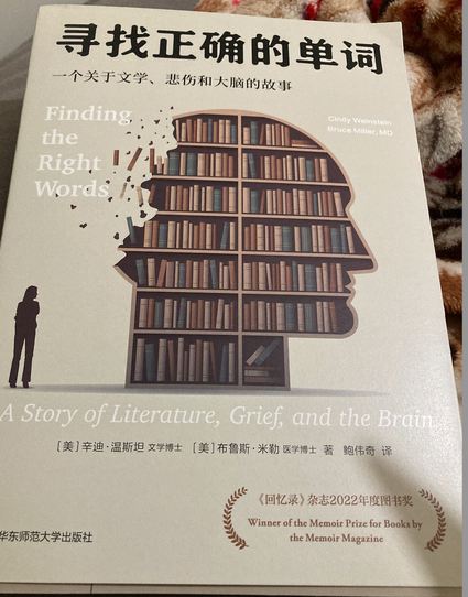 Chinese edition of Finding the Right Words. Cover image is a woman in silhouette looking at an image of an outlined face with books filled in. The brain is coming undone.