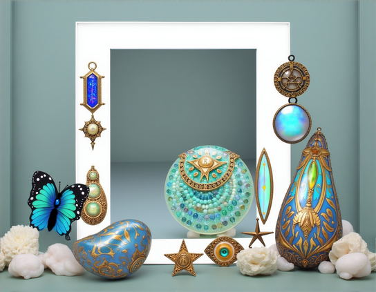 A collection of intricate decorative objects is elegantly arranged against a teal background, featuring gemstones and ornate designs. A vibrant blue butterfly and various ornamental stars add a whimsical touch to the display.