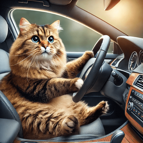 An AI-generated picture of a fluffy brown tabby cat with stripes, sitting in the driver seat of a luxury car with its front paws on the steering wheel, and its hind legs hilariously stuck up in the air, unable to reach the peddles.