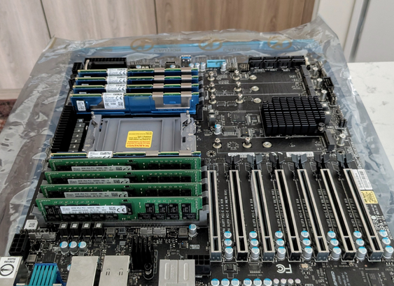 yet another Supermicro motherboard, for another xeon ice lake generation cpu (8370C liberated from Azure cloud, not ES or QA grade), with temporary holding pattern of Optane NVDIMMs (only 4, the 5th will be removed)... quantity of GPUs still in consideration but many many.