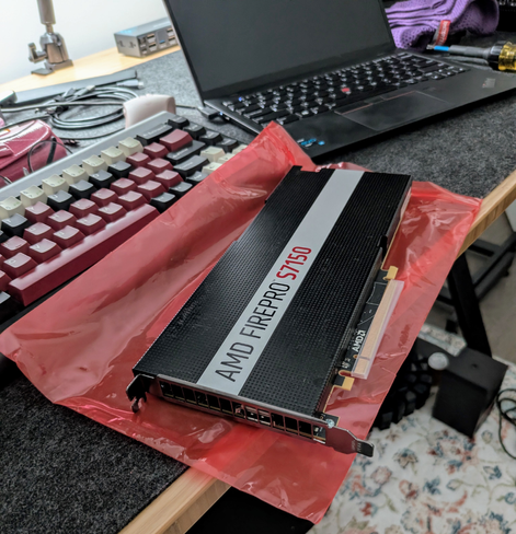 in keeping with the redness, here's a AMD FirePro S7150 datacenter GPU, will be using it for FreeBSD virtualization passthrough to mess with blah blah blah technical things, and it's going into an EPYC dev box in my office.