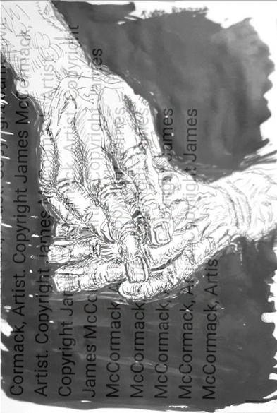 Gnarled Hands.
G.
Two hands are depicted intertwined, rough and gnarled old worker's hands resting after a hard day of work. The detailed line work contrasts with a dark background, emphasizing the focus on the hands.