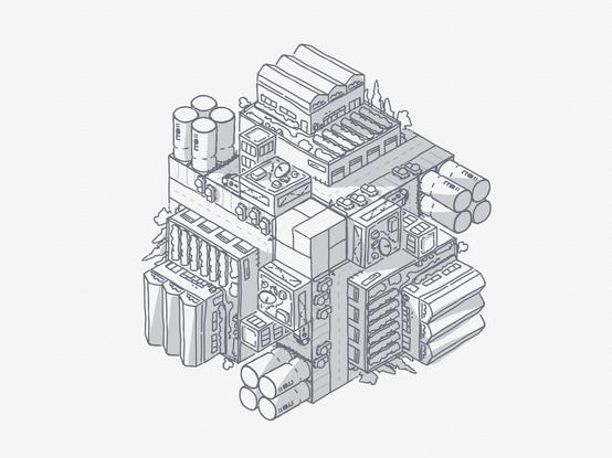 A cube of futuristic buildings floating in space.