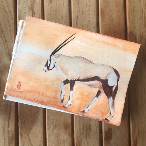 Watercolor illustration of an oryx antelope
