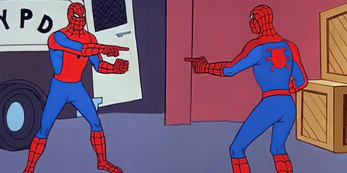 Two identical Spidermans pointing at one another.