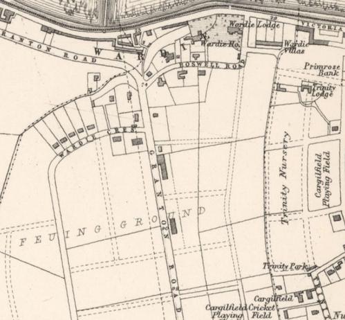 Bartholomew Post Office directory map of Edinburgh, 1888, showing the Wardie Feuing Grounds. The Playing fields occupy the space east of Granton Road and west of Trinity Nursery. Wardie House is at the north end of the map.  Notice the dotted lines of streets that would never be built. Reproduced with the permission of the National Library of Scotland