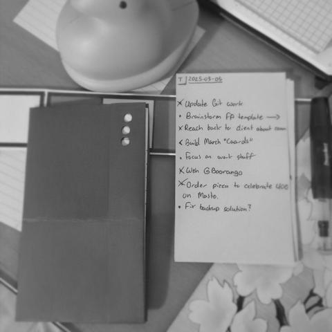 B&W Photo of an overview of the "Papr" system. The holder on the left, and the "CAARD" on the right.

The card itself displays a list of tasks for the day. Featuring a new layout on the top (T = Today) followed by the date of today.

Bottom of the card is empty to leave space for an end of the day summary or reflection.

Photo and Papr by, SelfDugGrave