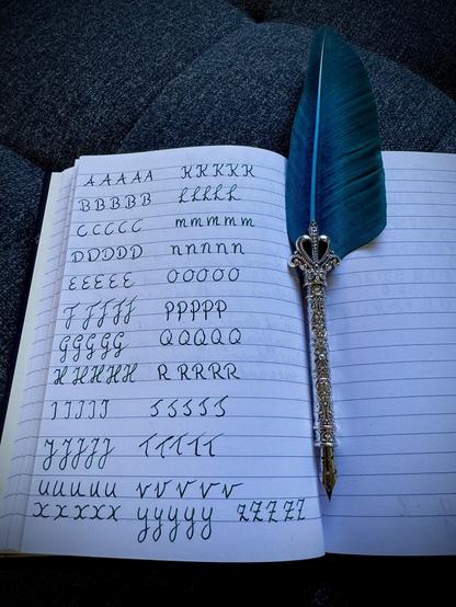 Notebook with each capital letter of the alphabet written out in sets of five. Lined paper and the quill I used to write it.