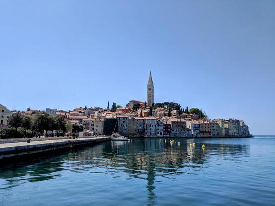 A daytime, wide shot of the coastal town of Rovinj, Croatia, seen from the water. The town features tightly packed buildings with terracotta roofs, leading up to a tall church steeple. The calm blue water reflects the town and sky, with a pier and a few small boats visible.