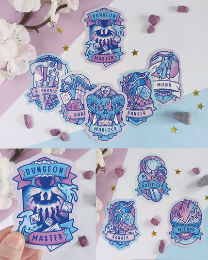 Collage of my DnD stickers, showing several main classes including the Dungeon master