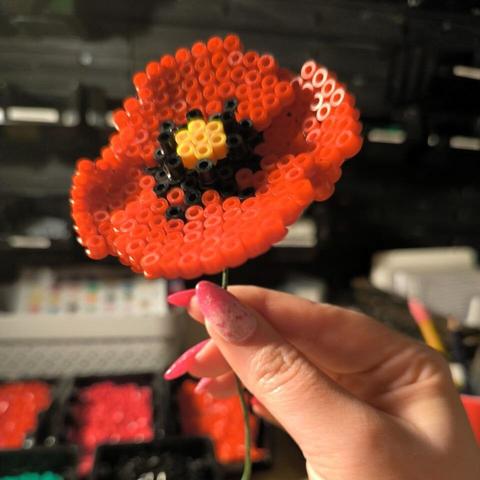 Red poppy flower made out of Hama beads. The flower has 4 petals and a black and yellow middle.