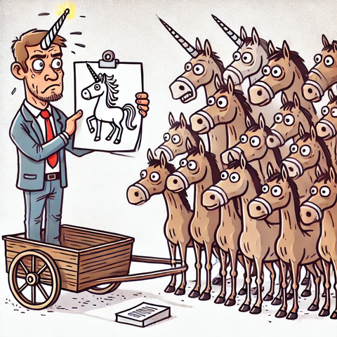 a hiring manager holding a paper with a drawn unicorn, standing next to a simple cart while rejecting fast-running horses that could also do the job