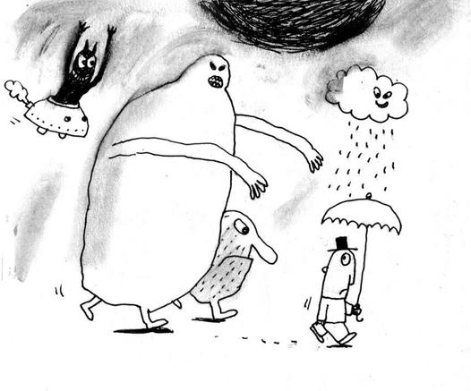 Dessin de carnet - un personnage est dans une situation difficile, attaqué/ menacé/ poursuivi par plusieurs « problèmes »
