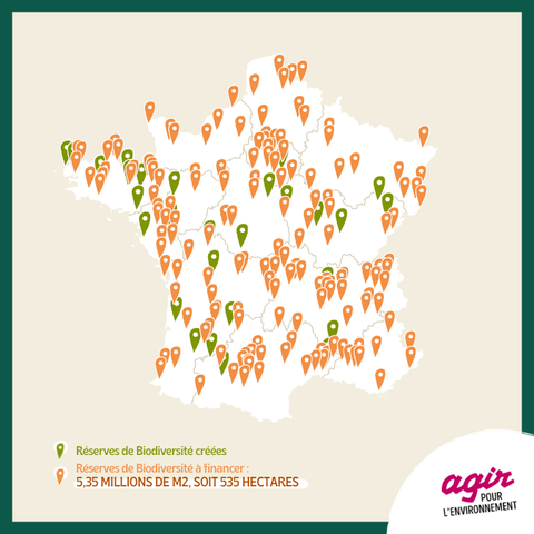 Carte de l'hexagone français indiquant les projets à financer (environ 200) et les projets créés (une vingtaine).
Précisions : 5,35 millions de m2 soit 535 hectares.