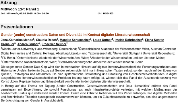 Infos zum Panel "Gender (under) construction: Daten und Diversität im Kontext digitaler Literaturwissenschaft" auf der DHd2025  mit Jana-Katharina Mende, Claudia Resch, Mareike Schumacher, Laura Untner, Imelda Rohrbacher, Elena Suarez Cronauer, Andrea Gruber und Frederike Neuber.

Die sogenannte Gender Data Gap wirkt sich in mehrfacher Hinsicht auf digitale literaturwissenschaftliche Forschungsvorhaben aus: Historische Ungleichheiten in Bezug auf Gender zeigen sich nicht nur in literarischen Texten selbst, sondern auch auf der Ebene von Quellen, Textkorpora und Metadaten. Da eine systematische Betrachtung und Erfassung von Geschlechterverhältnissen in digital ausgerichteten literaturwissenschaftlichen Projekten bislang kaum erfolgt ist, widmet sich das Panel der Auseinandersetzung von Konstruktion, Repräsentation und Erfassbarkeit von Gender in der digitalen Literaturwissenschaft.

In Bezug auf das Thema der Tagung „Under Construction. Geisteswissenschaften und Data Humanities“ erörtert das Panel gemeinsam mit Expert*innen, die sowohl Forschungs- als auch Infrastrukturprojekte vertreten, mit welchen Maßnahmen der beobachtete Status quo verbessert werden könnte. Durch eine kritische Reflexion will das Panel aufzeigen, wie digitale Methoden und feministische Theorien synergetisch zusammenwirken könnten, um ein Zukunftsszenario zu entwerfen, das eine angemessene Berücksichtigung von Gender in Aussicht stellt.