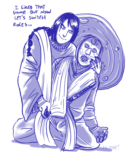 Drawing of Seluvis (transformed into a puppet) and Sellen. Sellen hold a knife close to Seluvis genitals. She says "I liked that game but now let's switch roles..."