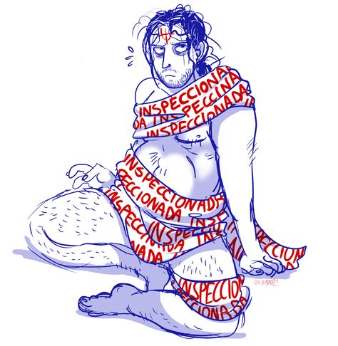 Concerned drawing of Varré covered in INSPECCIONADA tissues