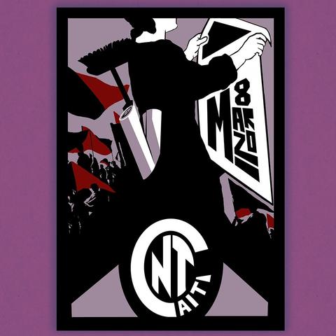 Cartel del 8M una mujer con periódicos y un cepillo pegando carteles del 8M rodeada de banderas rojonegras