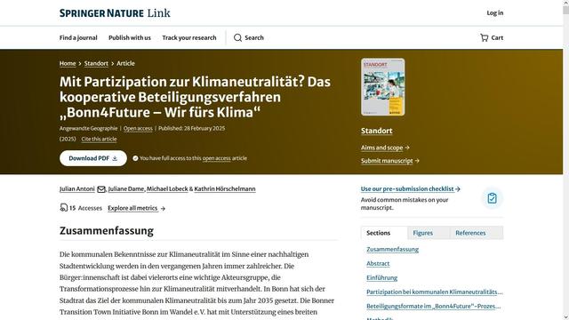 Screenshot der Webseite, auf der der Artikel zu finden ist. Der Titel "Mit Partizipation zur Klimaneutralität? Das kooperative Beteiligungsverfahren "Bonn4Future - Wir fürs Klima"." ist zu lesen.