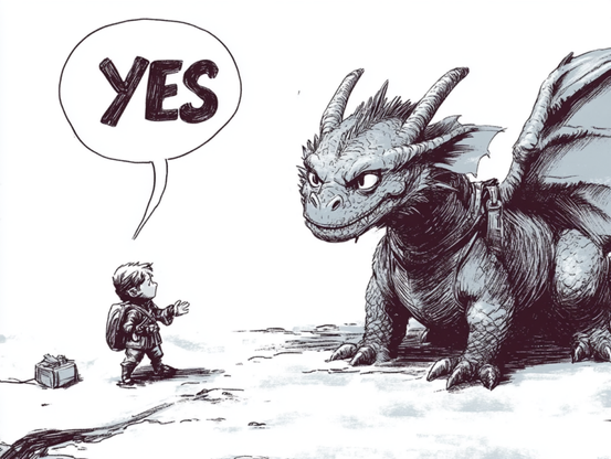 An ink and watercolor drawing of a boy looking at a cross-eyed dragon and saying "YES". This drawing was generated by the Midjourney AI tool and edited by me.