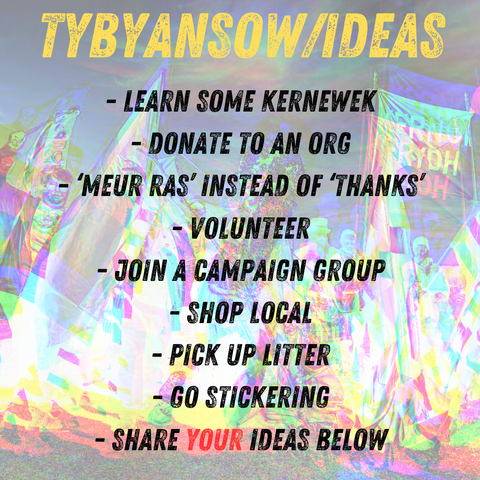 Text reads "Tybyansow.ideas: Learn some Kernewek. Donate to an org. 'Meur ras' instead of 'thanks'. Volunteer. Join a campaign group. Shop local. Pick up litter. Go stickering. Share your ideas below."