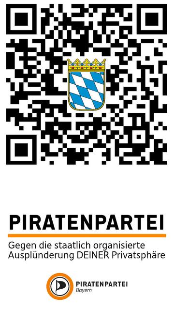 QR-Code auf Widerspruch Seite: https://www.bayernportal.de/dokumente/leistung/33997662504 der Meldebehörden in Bayern.

Piratenpartei
---
Gegen die staatlich organisierte Ausplünderung DEINER Privatsphäre
(Logo der Piratenpareti Bayern)