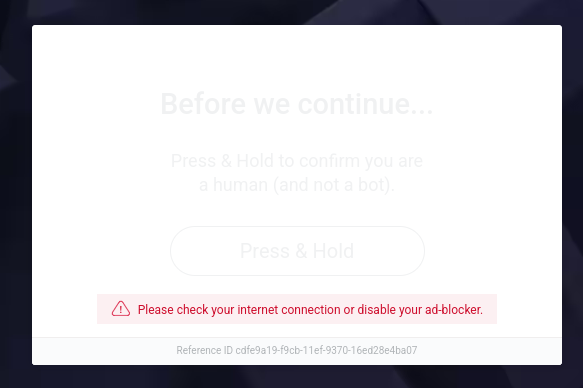 message saying disable adblocker on top of a "making sure you are not a robot" pop-up