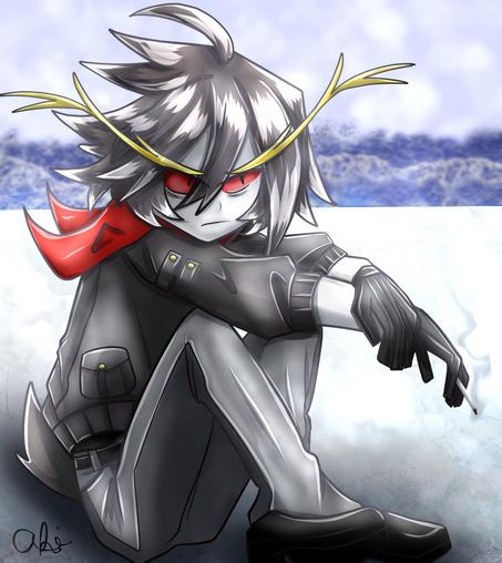 Rock from Ice Scream sitting on the snow smoking a cigarette. The ocean is behind him.