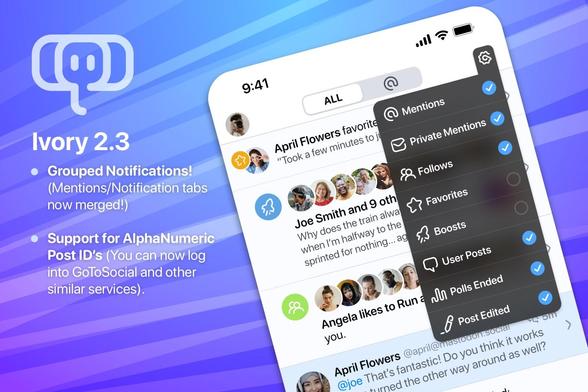 Image showing the new Notifications Tab along with the following text:

Grouped Notifications!
(Mentions/Notification tabs now merged!)

Support for AlphaNumeric Post ID's (You can now log into GoToSocial and other similar services).