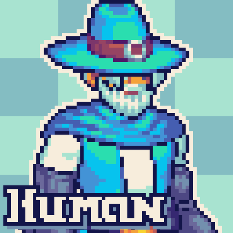 Sample art showing a human mage on blue clothes. The mage is sporting a white beard and some strands of hair can be seen. His arms are clad in dark metal.