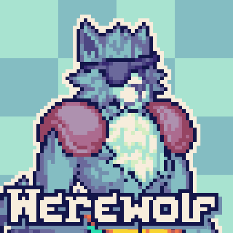 A sample portrait showing a one eyed grey werewolf. The werewolf wears huge rusted pauldrons on its shoulders as well as a black eyepatch. A yellow band is on its waist.