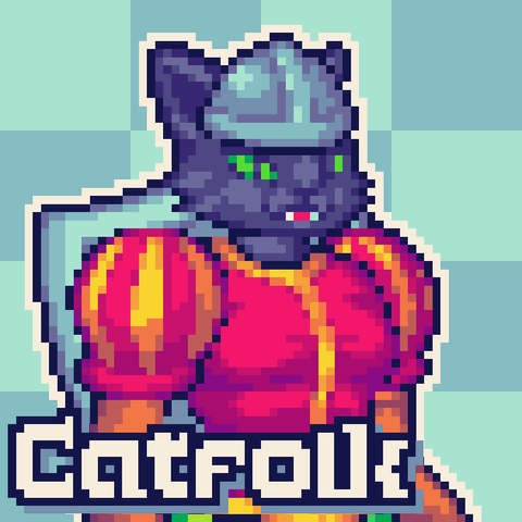 A sample portrait showcasing a black catfolk. The catfolk wears fancy red clothes with large, round shoulder pads with golden ornaments. The catfolk also wears an open helmet with a metal shield on its back.