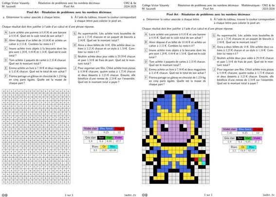 Copie d'écran d'une fiche d'exercices de type pixel art avec Thanos (le méchant de la série The Avengers) la grive Vierge est à gauche et la grille coloré et à droite.