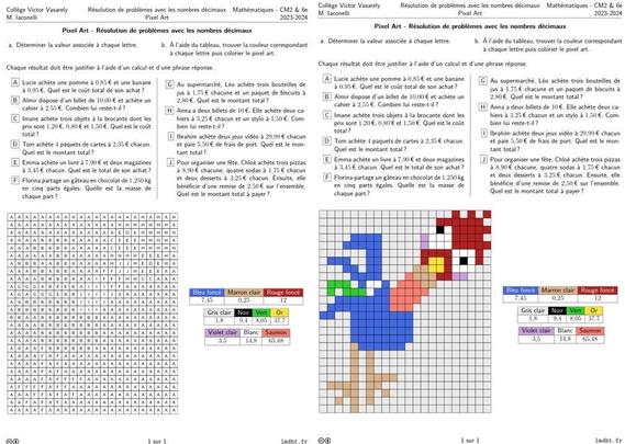 Copie d'écran des grilles d'exercices de type pixel art avec hey hey le coq de Vaiana de Disney. La grille vierge est à gauche et la grille colorée à droite.