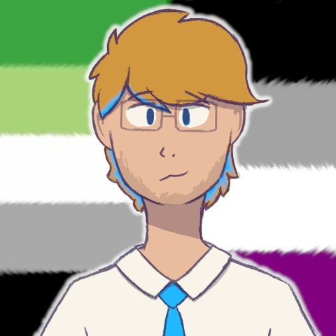A digital drawing of a man with blond and blue hair. He is wearing a white collared shirt and is wearing a blue tie. He has square glasses. Honestly, this design is largely unremarkable. He is set against two pride flags, asexual and aromantic? I simply do not recall. Smiles.