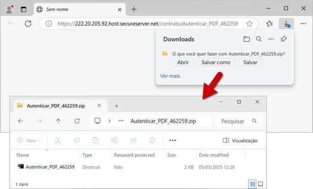 Web browser showing download of zip archive from link in the email. Also shows the zip archive content, a Windows shortcut.
