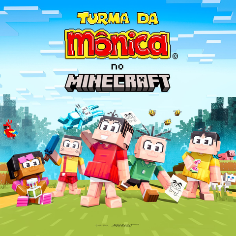 A promo picture for the Turma da Mônica (Monica & Friends) skin line for Minecraft. Based on Mauricio de Sousa's creation, the skins feature Milena, Cascão (Smudge), Mônica, Cebolinha (Jimmy Five), and Magali (Maggy). Milena holds a lab vial, Cascão holds an umbrella, Monica spins her blue plush bunny Sansão (Samson), Cebolinha holds an unflattering cartoony drawing of Monica (a bit bucktoothed one), and Magali has a half-eaten watermelon slice, followed by her white cat Mingau (Vanilla).