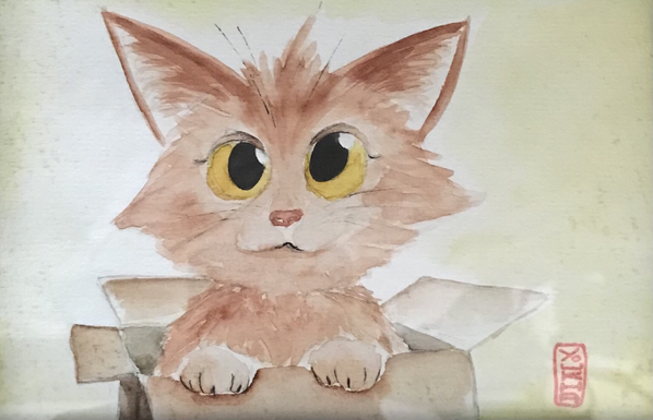 Watercolor illustration of a cat in a box