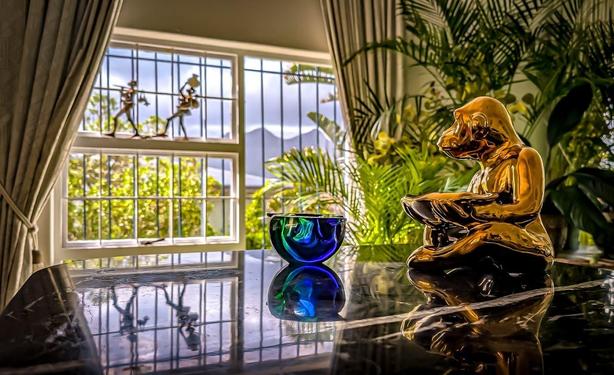 The image shows a room with a view through a window featuring mountains and greenery outside. Inside, there is a reflective surface, possibly a table, on which sits a shiny, gold-toned statue of a frog in a meditative pose. Next to it is a blue glass bowl. There are green plants in the background, adding a lush feel to the indoor setting.