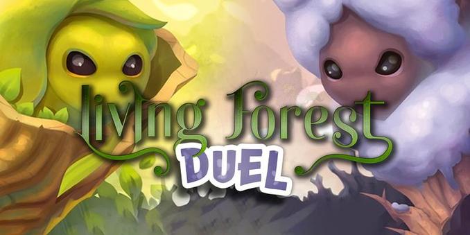 "Illustration colorée de la couverture du jeu 'Living Forest: Duel'. Deux créatures fantastiques s'affrontent : à gauche, un être végétal aux yeux noirs brillants et à droite, une créature cotonneuse à l'apparence douce et ronde. Le titre du jeu est affiché au centre, avec 'Living Forest' en vert et 'Duel' en violet."