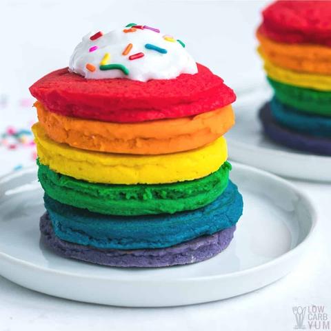 A stack of rainbow pancakes.