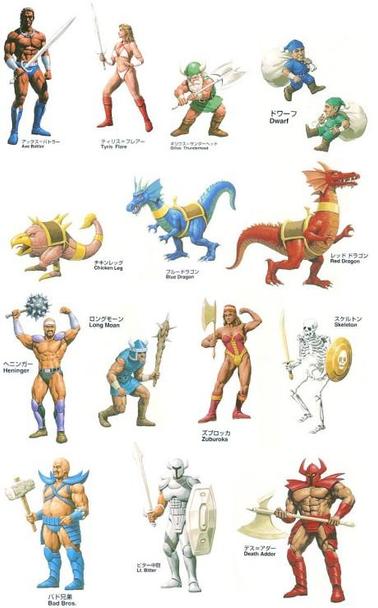 All the characters and enemies in Golden Axe - warrior, dwarf, skeleton, etc