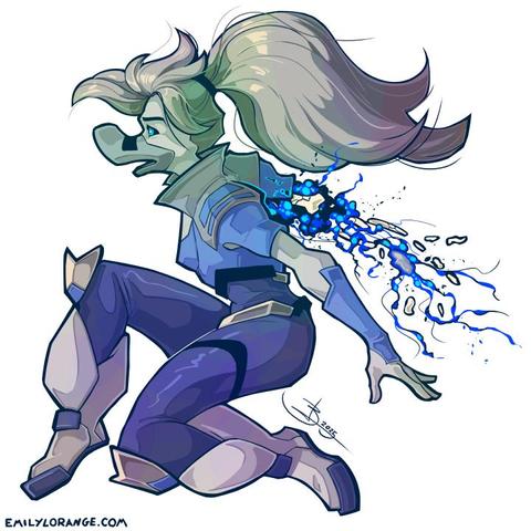 a digital drawing of an anthropomorphic duck, drawn in a sort of leaping pose. the lines and colors are all shades of blue, and the shading resembles traditional animation. she's wearing a superhero spandex outfit, and her right arm appears to be exploding into a weird veiny mess, don't worry about it.