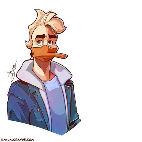 a digital drawing of an anthropomorphic duck wearing a tshirt and jean jacket with ridiculously large collar, painted from about the torso up. he looks concerned at something above.