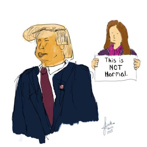 A rough digital sketch of a moment from Trump's 2025 State Of The Union address today, where a Democrat senator held up a sign in the after-speech crowd-out that says, "This is Not Normal." The sketch was done in pencil color-style using Krita and a Wacom.