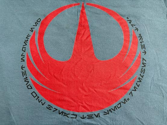 Photo of a blue shirt with the Star Wars Rebel Alliance symbol and Aurebesh text that translates to: “One single thing will break the siege. Remember this: Try.”