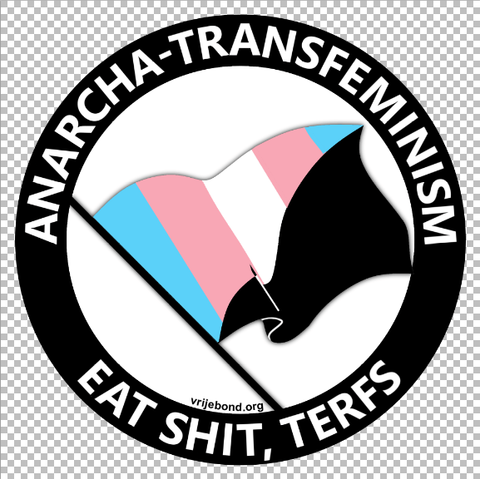 Half black half trans colour flag with in a circle around it the text "anarcha-transfeminism - eat shit terfs"